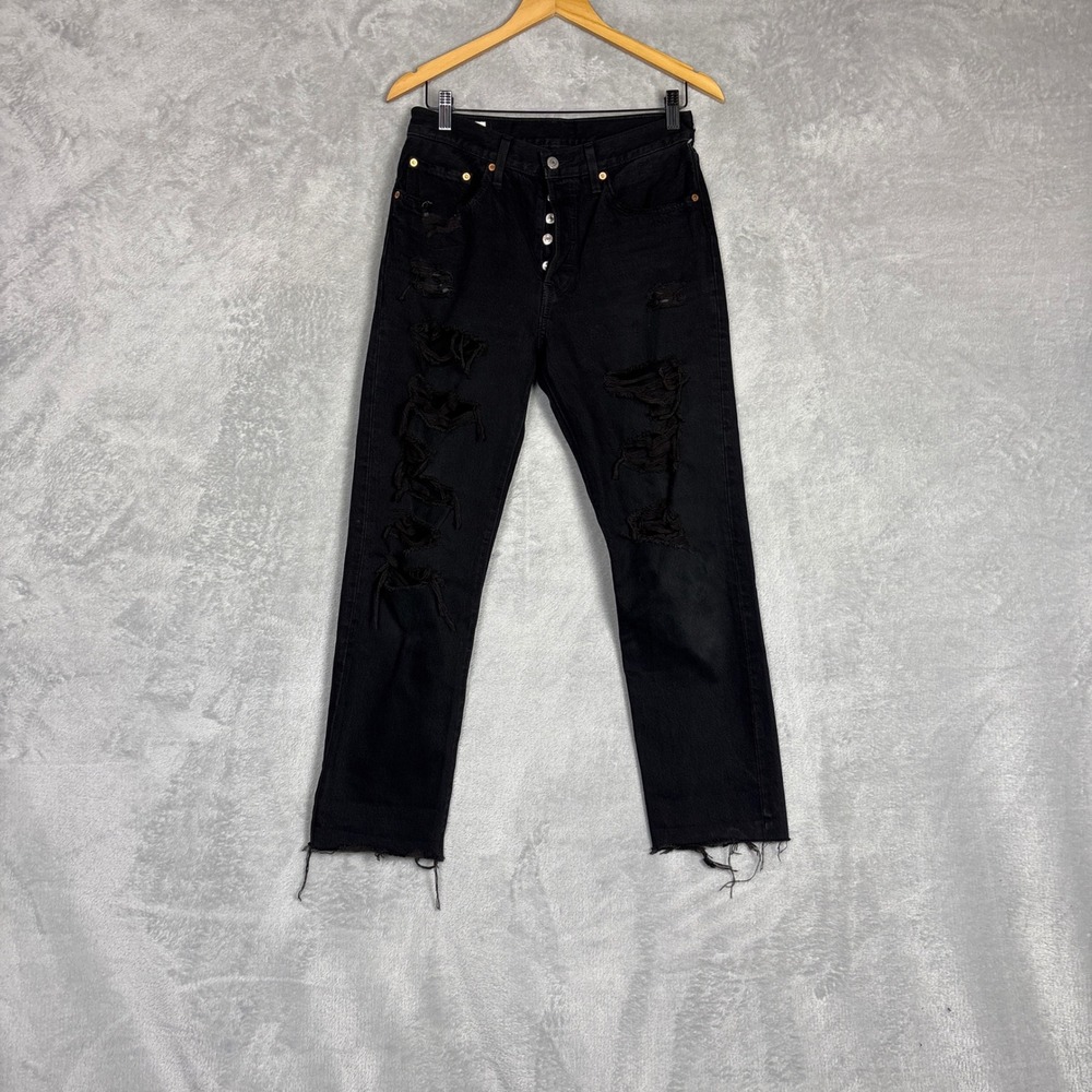 Levis 501 Original Fit Distressed Black Jeans Womens 27 36200-0015 Button Fly